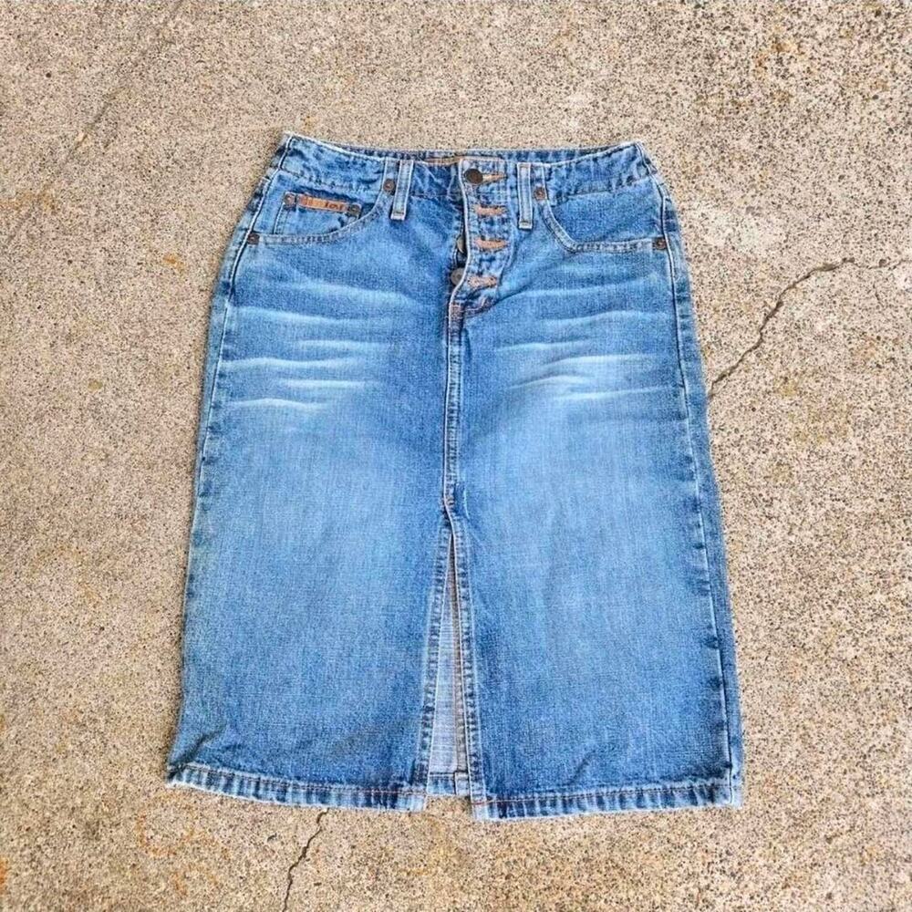 Vtg Y2k L.E.I. eDenim Faded Medium Wash Cyber Grunge Rave Denim Midi Skirt Sz 0